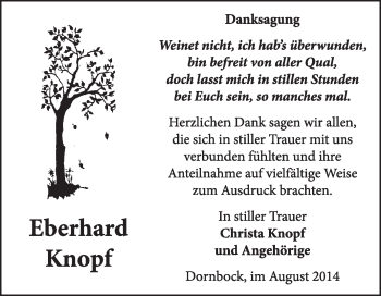 Traueranzeige von Eberhard Knopf von WVG - Wochenspiegel Dessau / Köthen