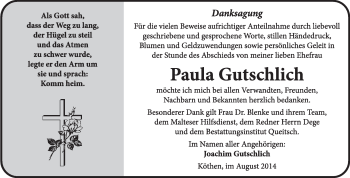 Traueranzeige von Paula Gutschlich von Super Sonntag Dessau / Köthen