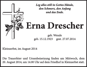 Traueranzeige von Erna Drescher von Super Sonntag Dessau / Köthen