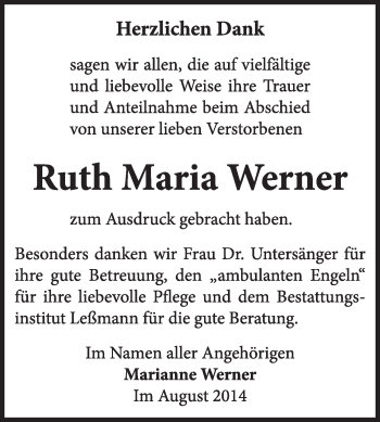 Traueranzeige von Ruth Maria Werner von WVG - Wochenspiegel Wittenberg