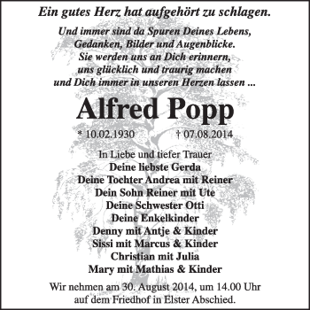 Traueranzeige von Alfred Popp von WVG - Wochenspiegel Wittenberg
