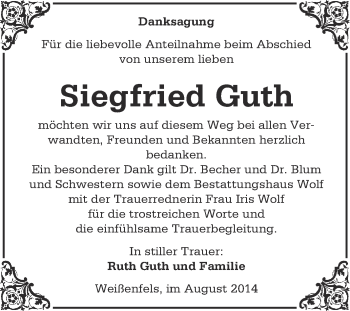 Traueranzeige von Siegfried Guth von WVG - Wochenspiegel NMB / WSF / ZTZ
