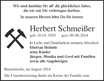 Traueranzeige von Herbert Schmeißer von WVG - Wochenspiegel Merseburg