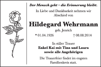 Traueranzeige von Hildegard Wehrmann von Super Sonntag Dessau / Köthen