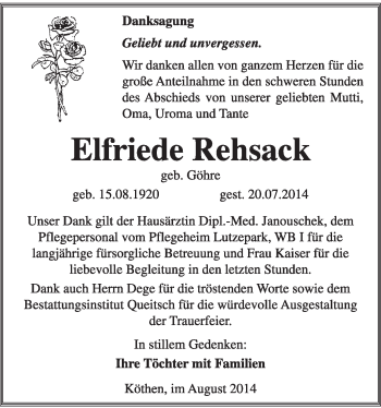 Traueranzeige von Elfriede Rehsack von Super Sonntag Dessau / Köthen