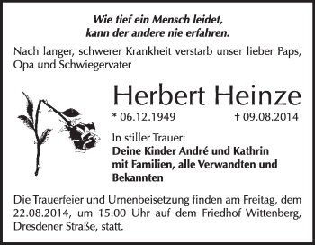 Traueranzeige von Herbert Heinze von WVG - Wochenspiegel Wittenberg