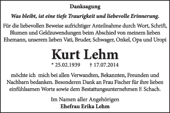 Traueranzeige von Kurt Lehm von Super Sonntag Wittenberg