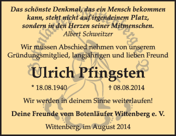 Traueranzeige von Ulrich Pfingsten von Super Sonntag Wittenberg