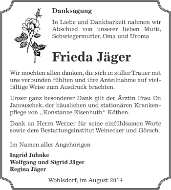 Traueranzeige von Frieda Jäger von Super Sonntag Bernburg