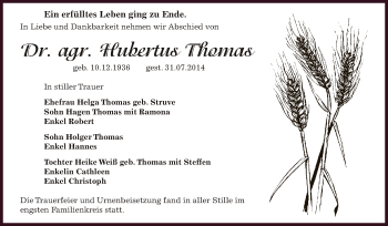 Traueranzeige von Hubertus Thomas von Super Sonntag Bernburg