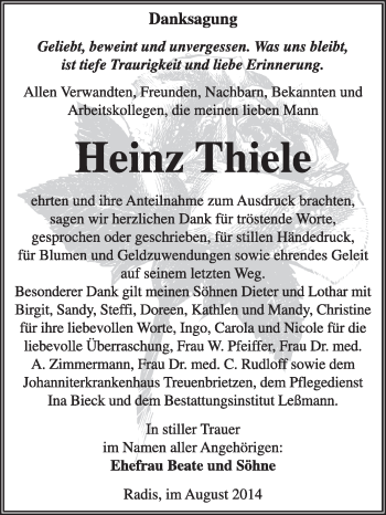 Traueranzeige von Heinz Thiele von WVG - Wochenspiegel Wittenberg