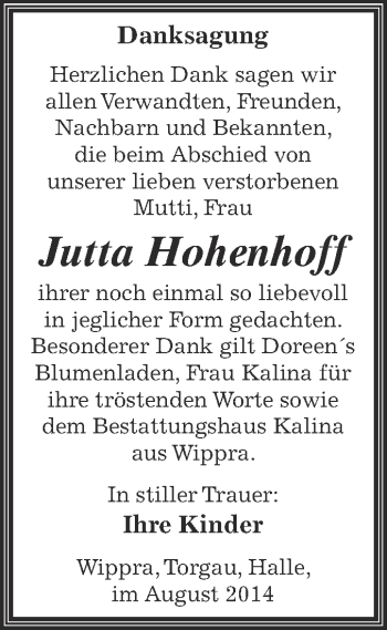 Traueranzeige von Jutta Hohenhoff von Wochenspiegel Mansfelder Land
