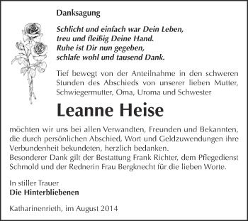 Traueranzeige von Leanne Heise von Super Sonntag SGH Mansf. Land
