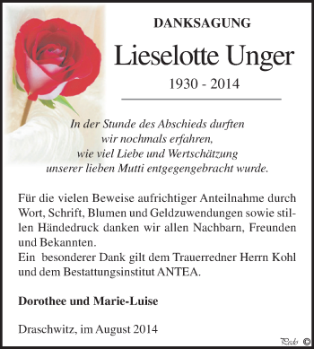 Traueranzeige von Lieselotte Unger von Super Sonntag Zeitz