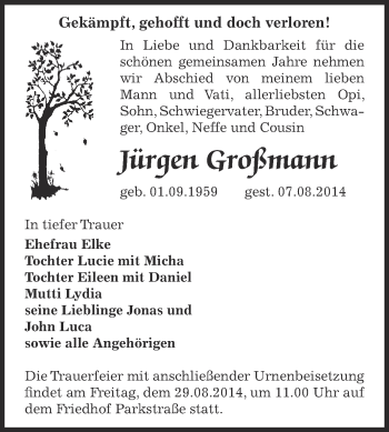 Traueranzeige von Jürgen Großmann von Super Sonntag Bernburg