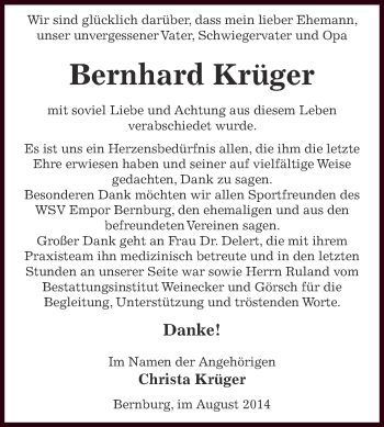 Traueranzeige von Bernhard Krüger von Super Sonntag Bernburg
