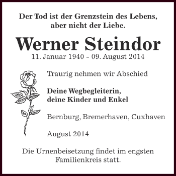 Traueranzeige von Werner Steindor von Super Sonntag Bernburg