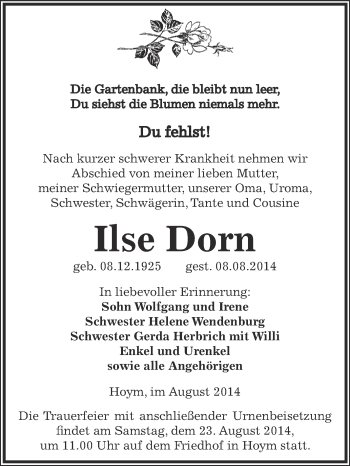 Traueranzeige von Ilse Dorn von Super Sonntag Aschersleben