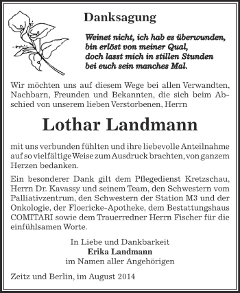 Traueranzeige von Lothar Landmann von Super Sonntag Zeitz