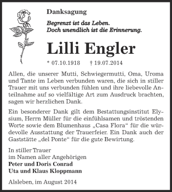 Traueranzeige von Lilli Engler von Super Sonntag Bernburg