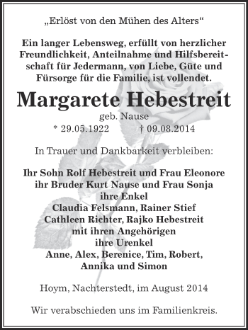 Traueranzeige von Margarete Hebestreit von Super Sonntag Aschersleben