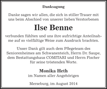 Traueranzeige von Ilse Benne von Super Sonntag Zeitz