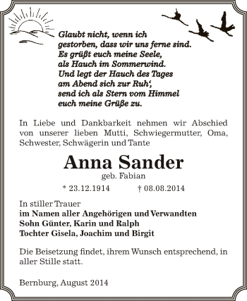 Traueranzeige von Anna Sander von Super Sonntag Bernburg