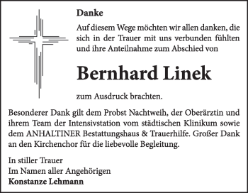 Traueranzeige von Bernhard Linek von Super Sonntag Dessau / Köthen