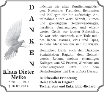 Traueranzeige von Klaus Dieter Meike von WVG - Wochenspiegel Bitterfeld