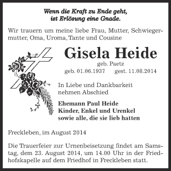 Traueranzeige von Gisela Heide von Super Sonntag Aschersleben