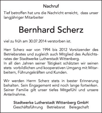 Traueranzeige von Bernhard Scherz von Super Sonntag Wittenberg