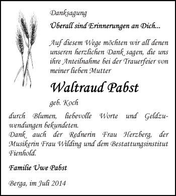 Traueranzeige von Waltraud Pabst von Super Sonntag SGH Mansf. Land