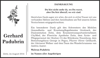 Traueranzeige von Gerhard Padubrin von Super Sonntag Zeitz