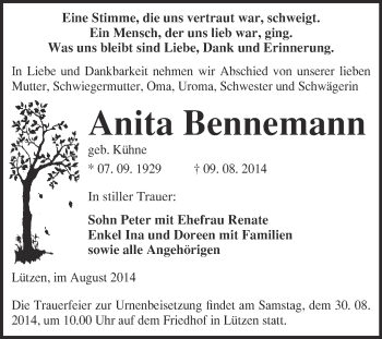 Traueranzeige von Anita Bennemann von Super Sonntag Merseburg