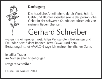 Traueranzeige von Gerhard Schreiber von WVG - Wochenspiegel Merseburg