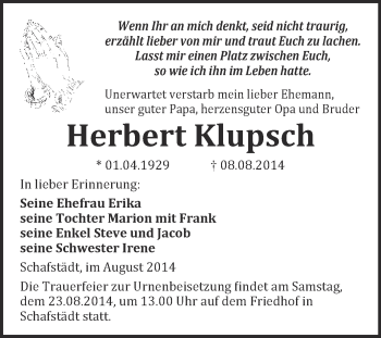 Traueranzeige von Herbert Klupsch von WVG - Wochenspiegel Merseburg
