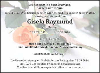 Traueranzeige von Gisela Raymund von WVG - Wochenspiegel Merseburg