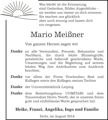 Traueranzeige von Mario Meißner von Super Sonntag Zeitz