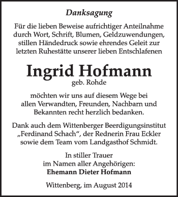 Traueranzeige von Ingrid Hofmann von WVG - Wochenspiegel Wittenberg