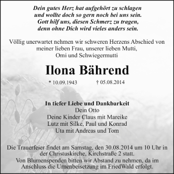 Traueranzeige von Ilona Bährend von Super Sonntag Dessau / Köthen
