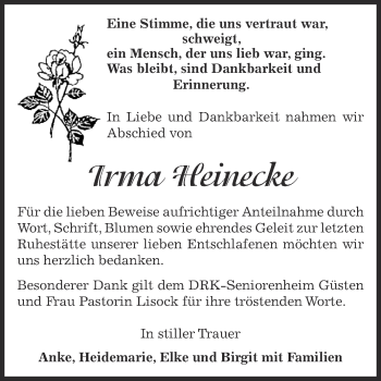 Traueranzeige von Irma Heinecke von Super Sonntag Bernburg
