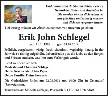 Traueranzeige von Erik John Schlegel von Super Sonntag Dessau / Köthen