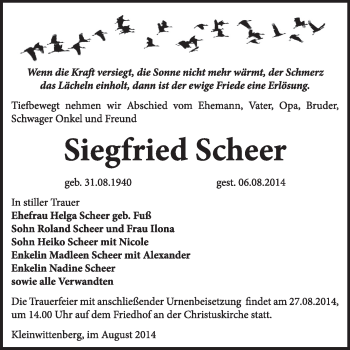 Traueranzeige von Siegfried Scheer von Super Sonntag Wittenberg