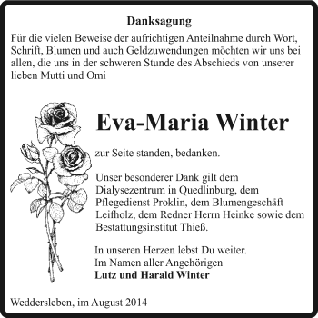 Traueranzeige von Eva-Maria Winter von Super Sonntag Quedlinburg