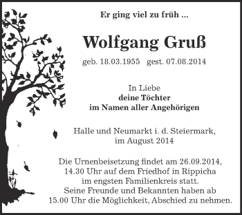 Traueranzeige von Wolfgang Gruß von Super Sonntag Zeitz