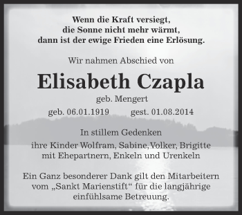 Traueranzeige von Elisabeth Czapla von Super Sonntag Zeitz