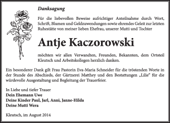 Traueranzeige von Antje Kaczorowski von Super Sonntag Dessau / Köthen