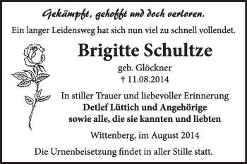 Traueranzeige von Brigitte Schultze von WVG - Wochenspiegel Wittenberg
