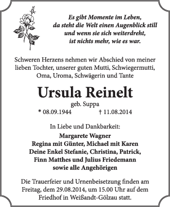 Traueranzeige von Ursula Reinelt von Super Sonntag Dessau / Köthen