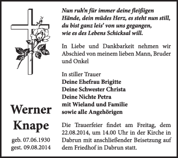 Traueranzeige von Werner Knape von WVG - Wochenspiegel Wittenberg